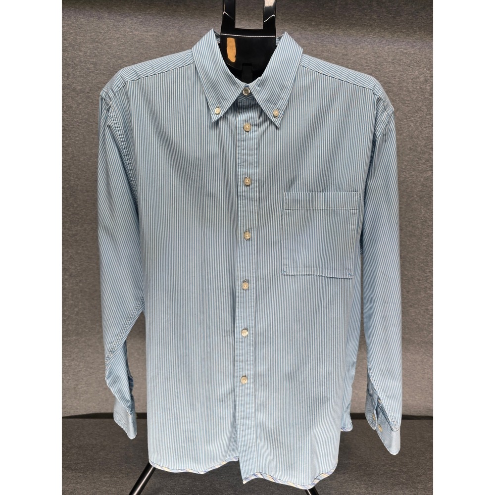 Southbridge Mens XL Blue White Striped Button Up Flip Cuff Cotton Long Sleeve